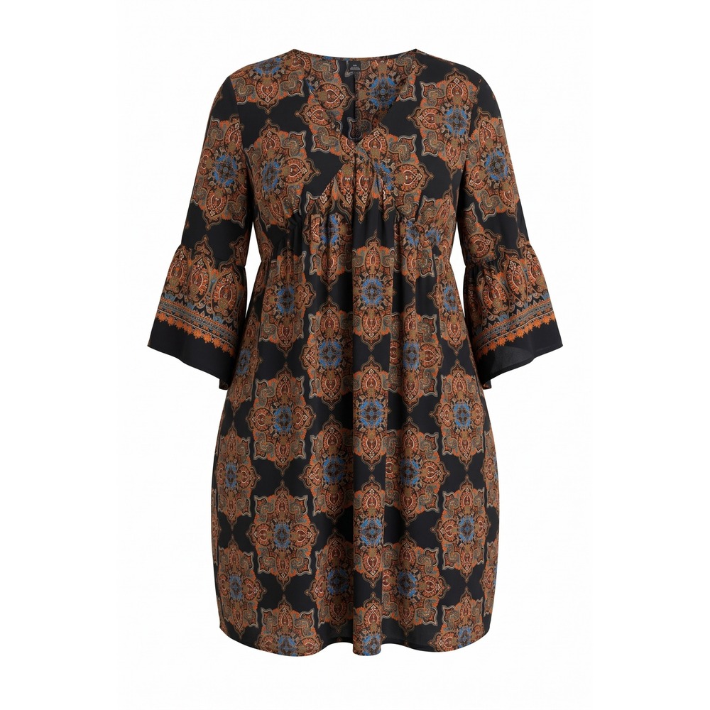 Boho Paisley Medallion V-Neck Bell Sleeve Babydoll‎ Dress Black Blue Orange 3XL